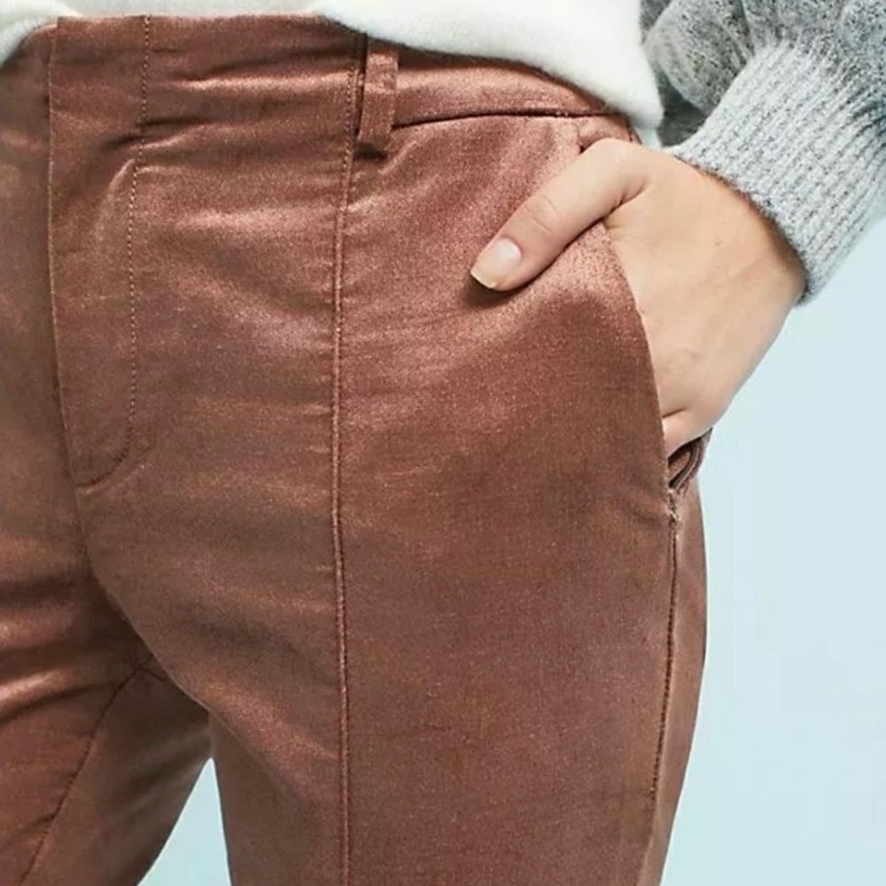 Anthropologie The Essential Slim Velvet Trousers Sz 8 in Bronze Brown Color - Picture 15 of 16